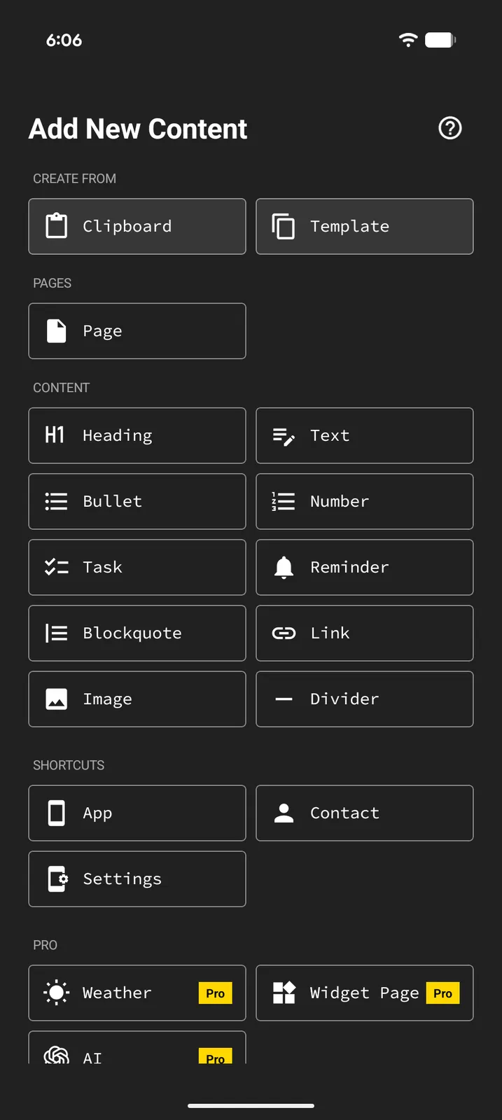 The Add New Content sheet for creating items on a page