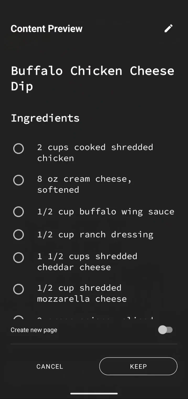 AI-generated recipe content previewed before saving